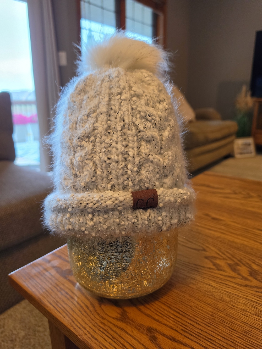 C.C Cream Fuzzy Knit Pom Beanie with Faux Fur Top